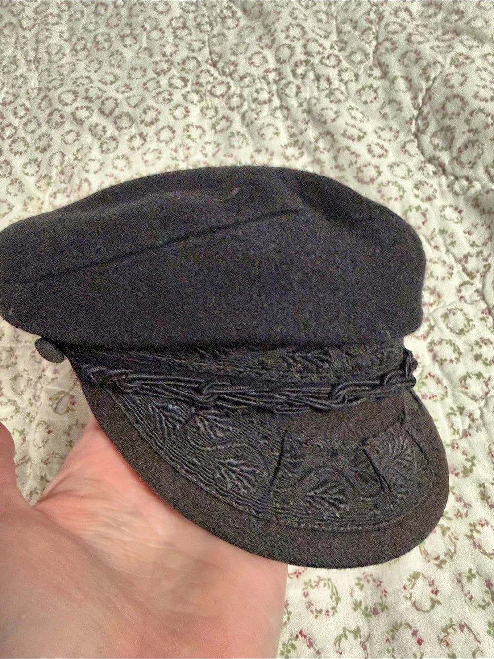 Aegean Greek Fisherman hat Vintage made in Greece Black Embellished Newsboy Cap